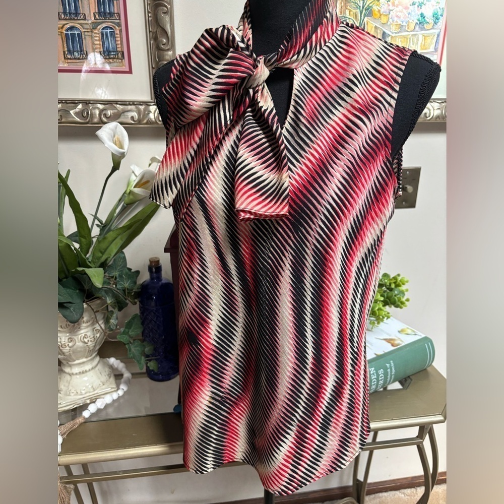 BLACK LABEL EVAN -PICONE SLEEVELESS V-NECK TIE SASH BUSINESS DRESSY BLOUSE SZ M